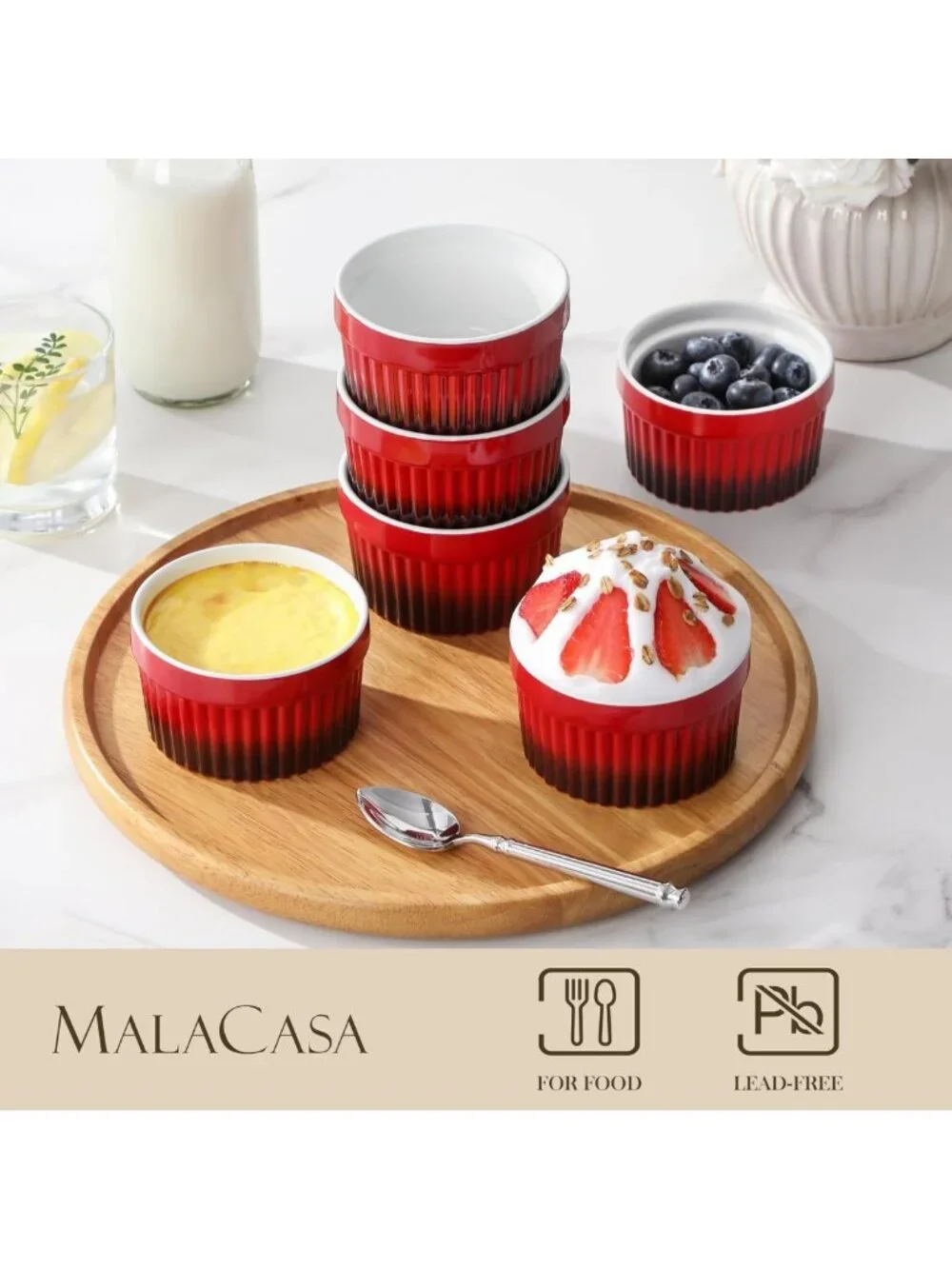 Set of 6 Oven Safe Ceramic Ramekins - Red Soufflé Dishes for Baking, Dipping